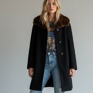 Vintage Forstmann 50's Black Wool Mink Fur Collar Pea Coat grunge penny lane